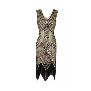 1920s Beaded Sequined Fringe Flapper Gatsby Dress